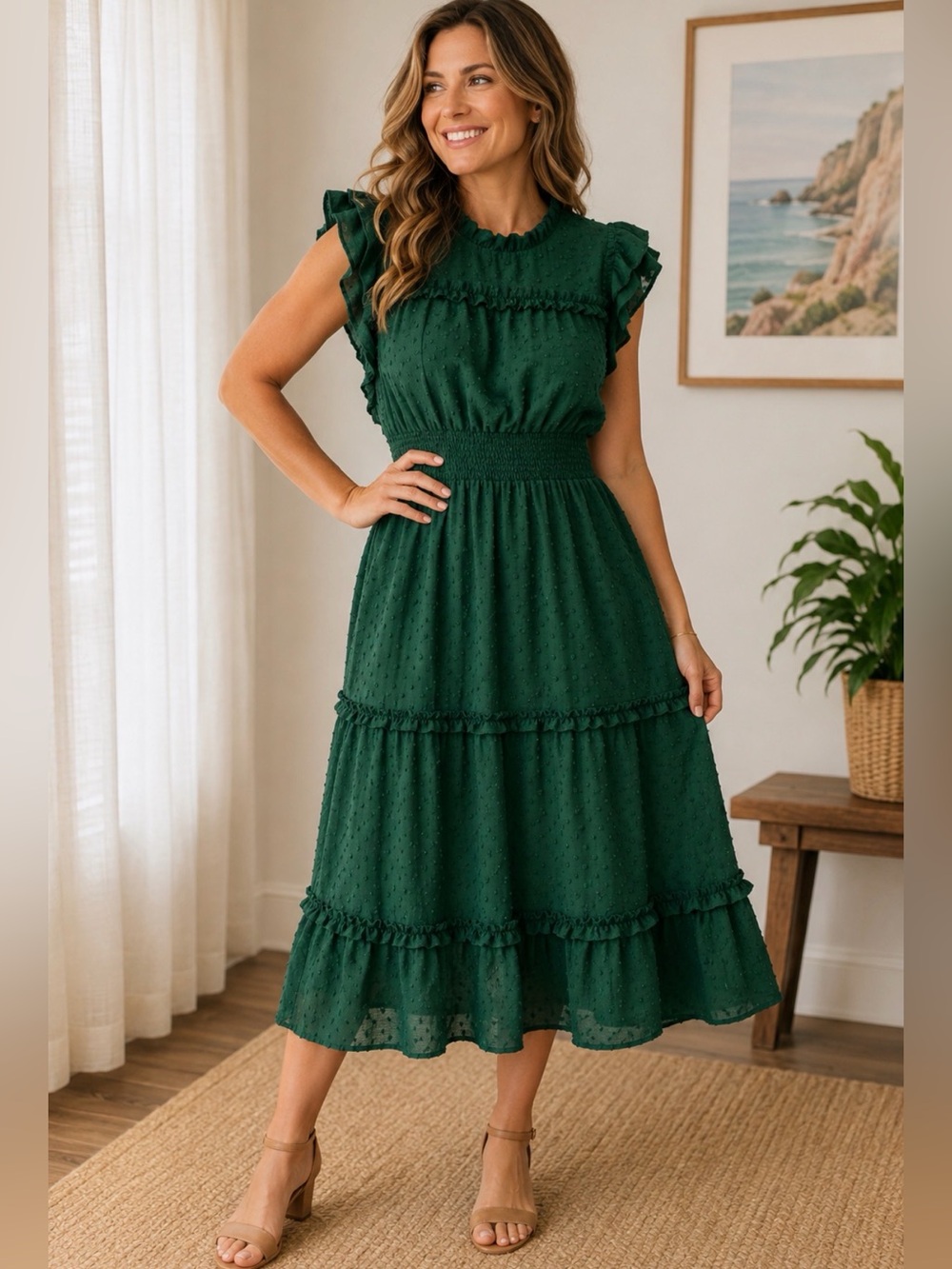 CeCe Emerald Green Textured Midi Dress